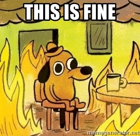 In a room filled with flames and smoke an oblivious little dog in a hat sits at a table next to a coffee cup. The caption reads "This Is Fine". Grabbed from memgenerator.net